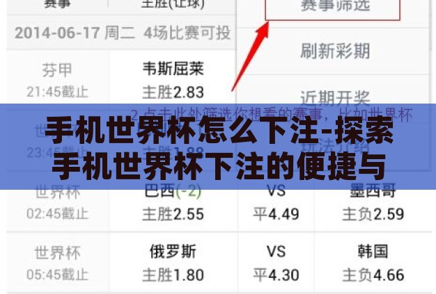 手机世界杯怎么下注-探索手机世界杯下注的便捷与技巧 手机世界杯怎么下注-探索手机世界杯下注的便捷与技巧
