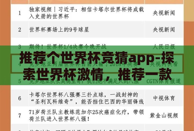 推荐个世界杯竞猜app-探索世界杯激情,推荐一款出色的竞猜APP 推荐个世界杯竞猜app-探索世界杯激情,推荐一款出色的竞猜APP
